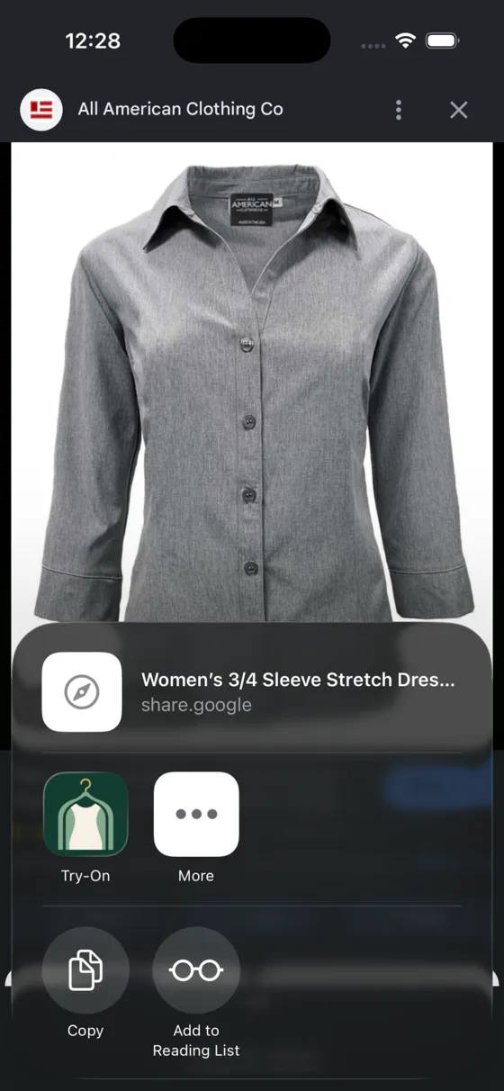 The iOS share sheet on a shop's product page, with Try-On in the row of apps.